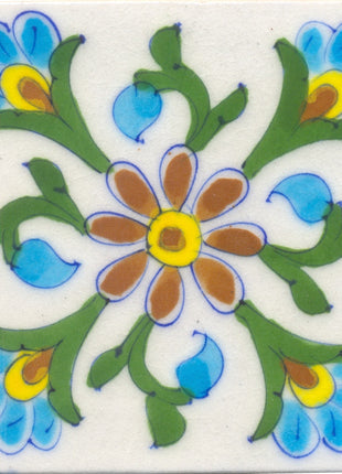 Turquoise,yellow,Brown flower and Green leaf with White base Tile