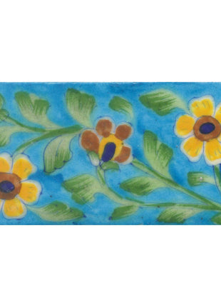 Yellow,Blue and Brown Flowers and Lime Green leaf with Turquoise Base Tile