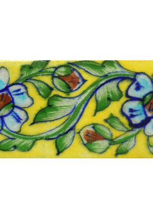 Turquoise Flowers With Green Leaves On Yellow Base Tile
