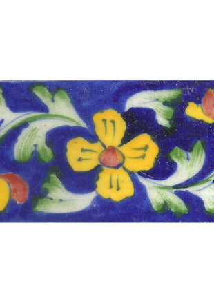 Yellow Flowers With Green Leaves On Blue Base Tile