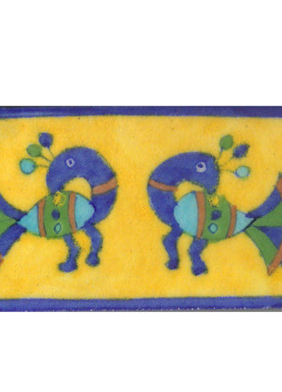 Two Peacock Design On Yellow Base Tile With Blue Border
