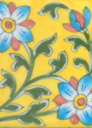 Turquoise, Brown Flower and Green leaf with Yellow Tile