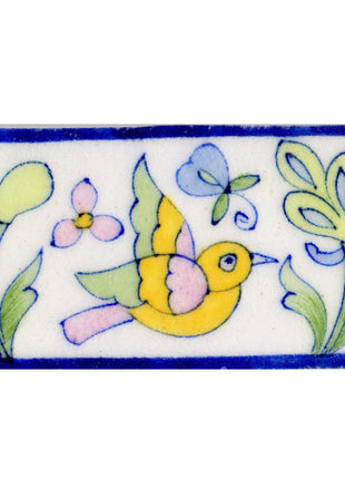 Bird and Leaves Design On White Base Tile With Blue Border