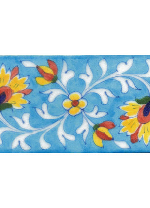 Yellow,Blue and Brown Flowers and White leaf with Turquoise Base Tile