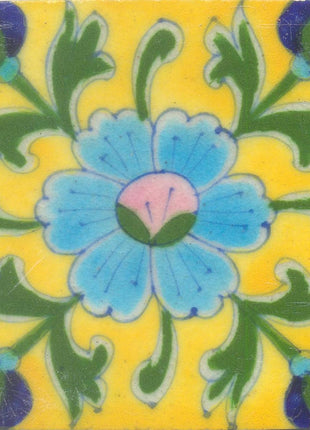 Turquoise Flower and Green leaf with Yellow Base Tile