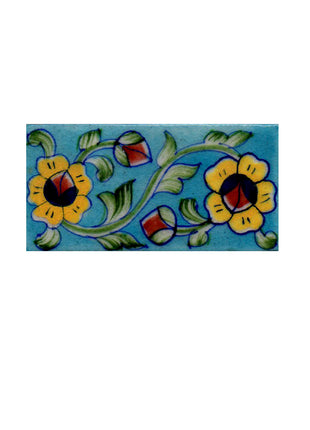 Yellow Flower With Green Leaves On Turquoise Base Tile