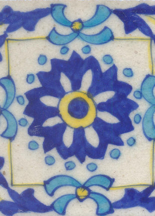 Blue, Turquoise and Yellow Flower with White Base Tile