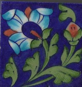 Turquoise,Yellow and Red Flowers and Lime Green leaf with Yellow Base Tile