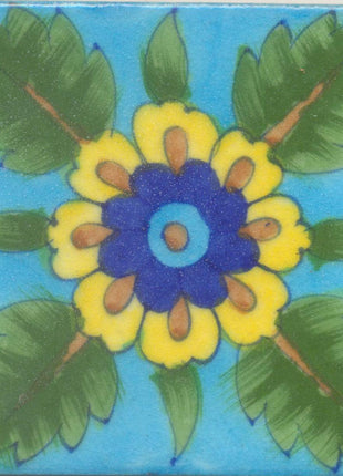 Yellow,Blue,Turquoise Flower and Green leaf with Turquoise Base Tile