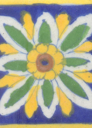 Yellow,Green and Brown Flower with Blue Base Tile