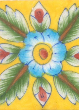 Green and Brown Leaf and Turquoise and Yellow Flower with Yellow Base Tile