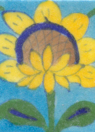 Yellow,Blue and Brown Flower and Green and Blue leaf with Turquoise Base Tile