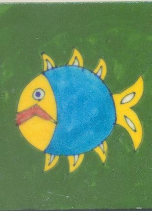 Yellow, Brown and Turquoise Fish with Green Base Tile