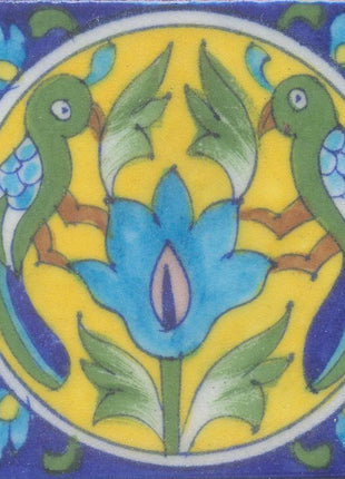 Two Turquoise and Green Birds and Turquoise Flowers and Lime Green leaf with Blue and Yellow Base Tile