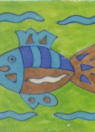 Turquoise, Brown and Blue Fish with Green base Tile