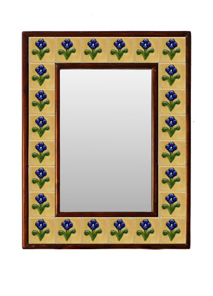 Yellow Embossed Tile Mirror With Blue Flowers And Green Leaves