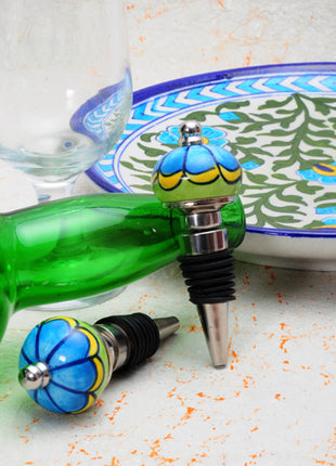 Blue Flower On Lime Green Ceramic Wine Bottle Stopper (Set of Two)
