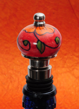 Orange Flower On Red Base Ceramic Wine Bottle Stopper (Set of Two)