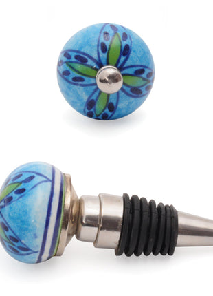 Green And Blue Petals On Turquoise Ceramic Wine Bottle Stopper (Set of Two)