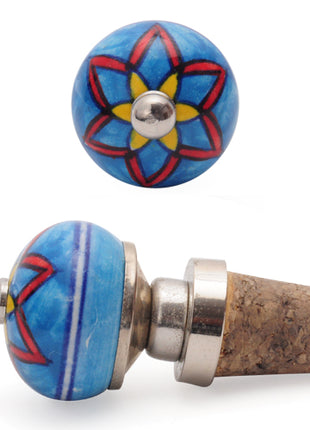 Red And Yellow Star On Turquoise Base Ceramic Wine Bottle Stopper (Set of Two)