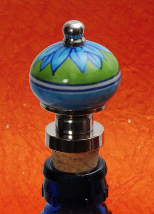 Turquoise Flower on Green Base Ceramic Wine Bottle Stopper (Set of Two)