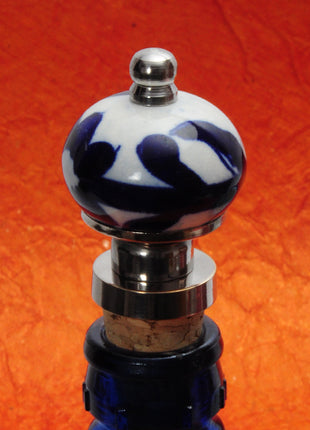 Blue Designer Print On White Ceramic Wine Bottle Stopper (Set of Two)
