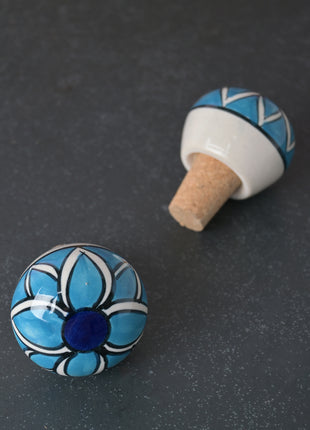 Turquoise Flower With White Border Ceramic Wine Bottle Stopper (Sold In Set of 2)