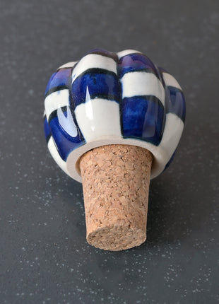 White And Blue Checkered Flower Shaped Ceramic Wine Bottle Stopper