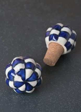 White And Blue Checkered Flower Shaped Ceramic Wine Bottle Stopper