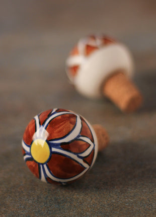 Brown And White Floral Design Ceramic Wine Bottle Stopper (Sold In Set of 2)