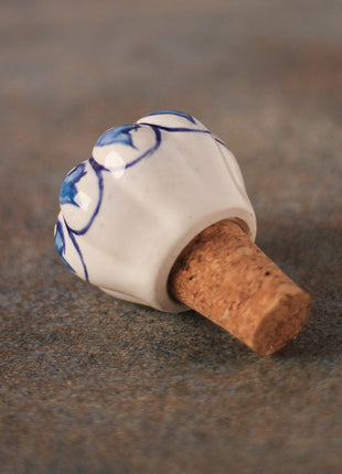 Blue Floral Design On White Ceramic Wine Bottle Stopper (Sold In Set of 2)