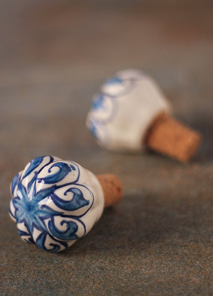 Blue Floral Design On White Ceramic Wine Bottle Stopper (Sold In Set of 2)