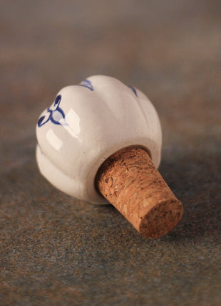 Designer Blue Print On White Ceramic Wine Bottle Stopper (Sold In Set of 2)