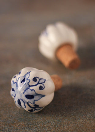 Designer Blue Print On White Ceramic Wine Bottle Stopper (Sold In Set of 2)
