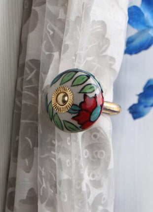 Curtain Tie Backs Hook Decorative Wall Hook-Red Flower Green Leaf (Set of Two)