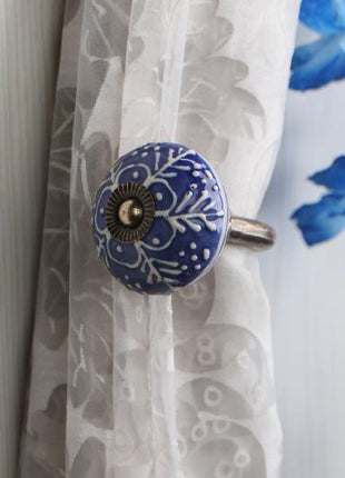 Curtain Tie Backs Hook Decorative Wall Hook-Blue Emmbosed Design (Set of Two)
