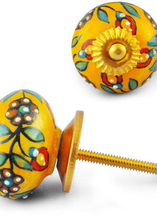 Turquoise, Red and Brown Flower design with Dark Yellow Knob