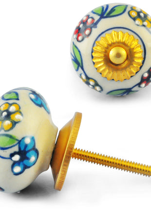 Yellow Red Flower and Green Leaf on White Ceramic Knob