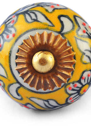 White Flower and Leaves on Yellow and White Ceramic knob
