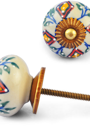 Green,Yellow and Red Colour design on White Ceramic knob