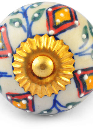 Green,Yellow and Red Colour design on White Ceramic knob