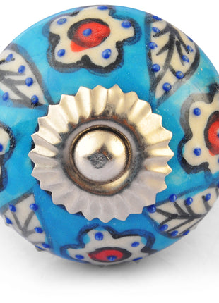 White Flowers on Turquoise Ceramic knob