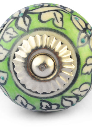 White Leaves and Flower on Lime Green Ceramic knob