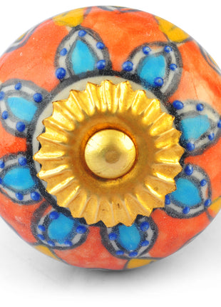 Turquoise Flower and Yellow Leaves on Orange and White Ceramic knob