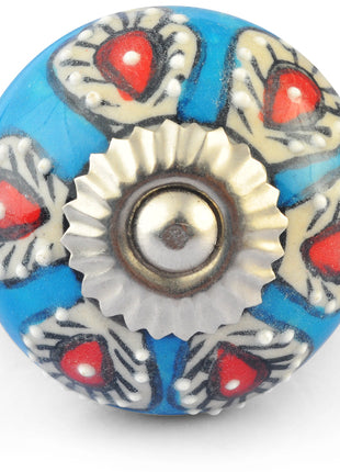 Red and White Flowers on Turquoise and White Ceramic knob