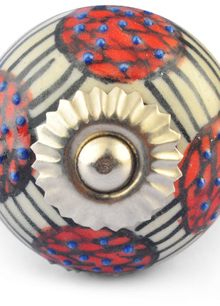 Blue Embossed Dots and Red Flowers on White Base Ceramic knob