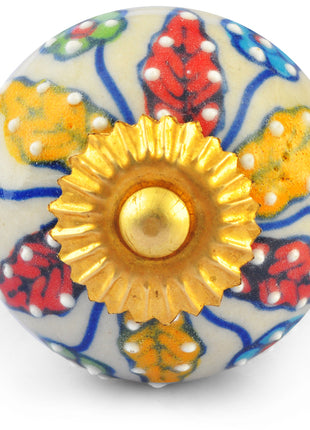 Red and Yellow Flowers on White Base Ceramic knob