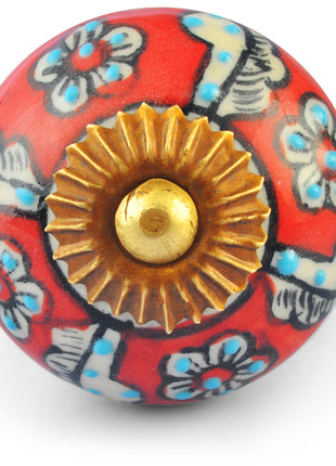 White Flowers and Turquoise Embossed dots on Red and White Base Ceramic knob