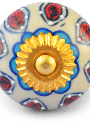 Red and Turquoise Flowers on White Base Ceramic knob