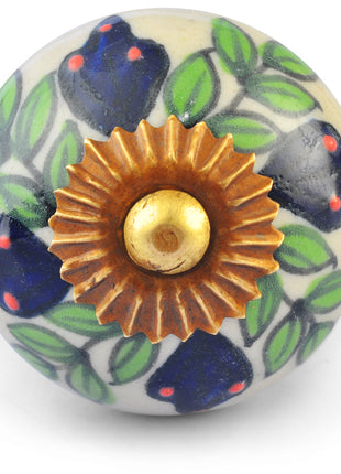 Green leaves and Blue Flowers on White Base Ceramic knob